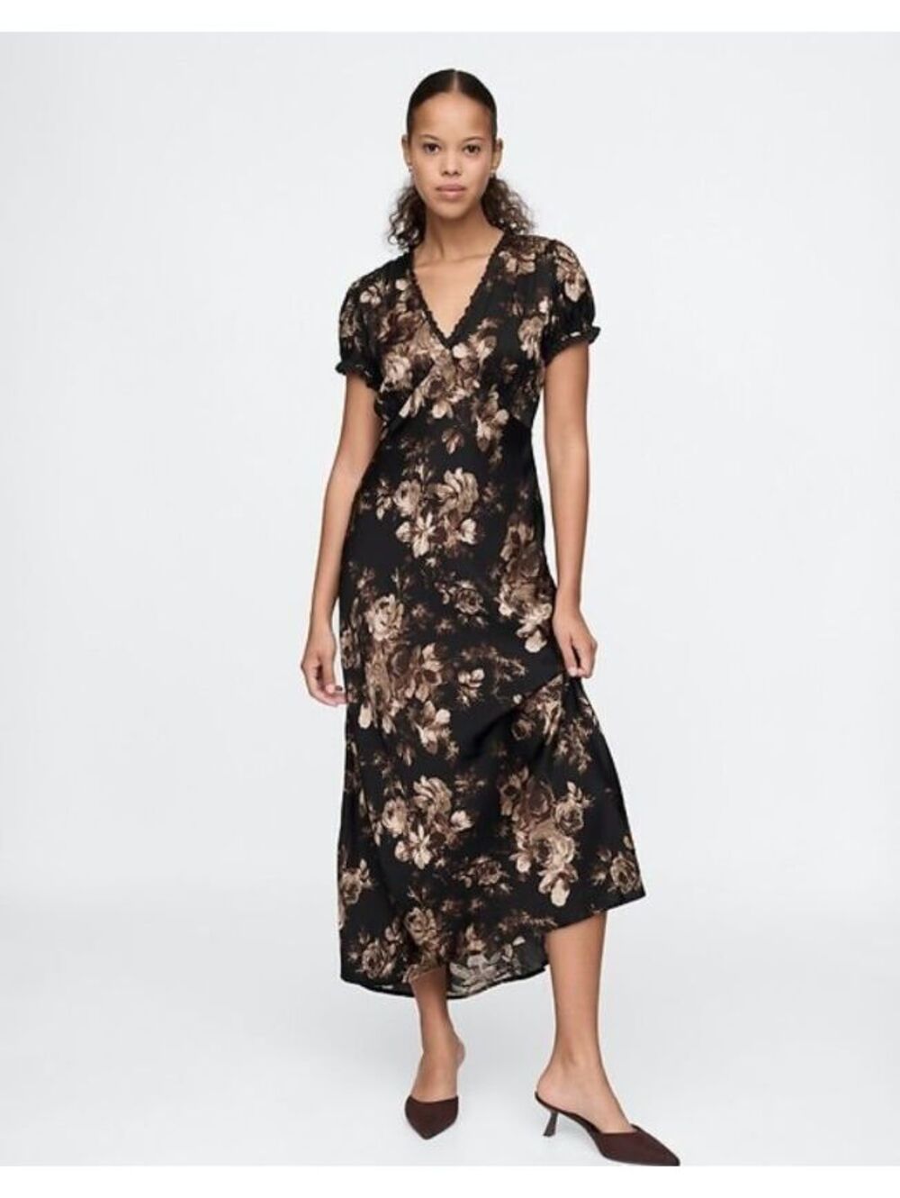 NWOT Satin Lace-Trim Floral Maxi Dress Black And Grey Floral